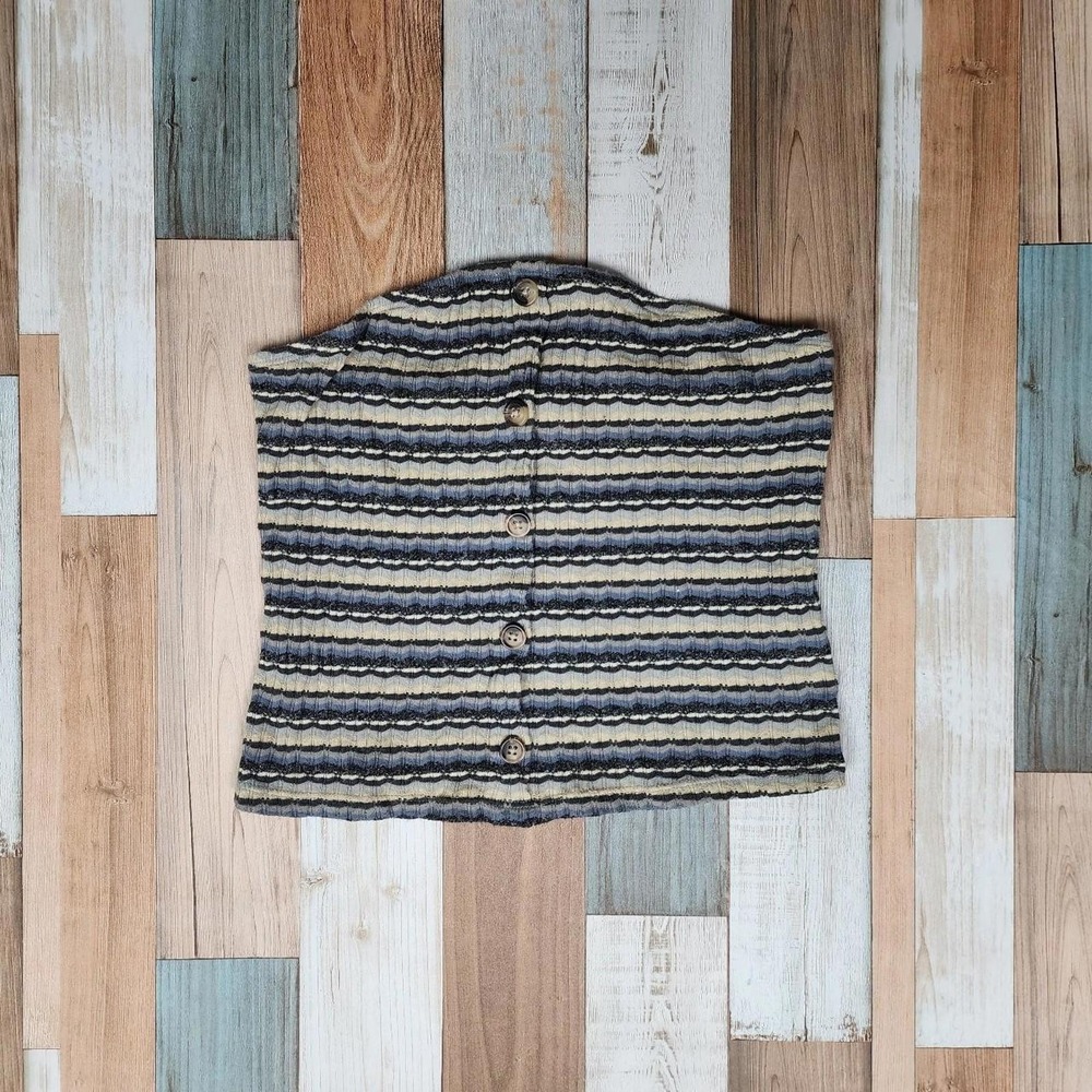 American Eagle Striped Ribbed Tube Top Blue Grey Button Front Strapless Small
